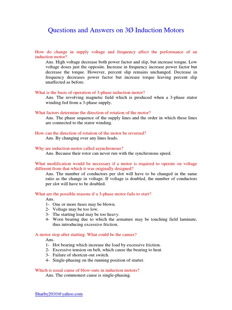 Questions and Answers On 3Ø Induction Motors Com Ahoo y at 010 2