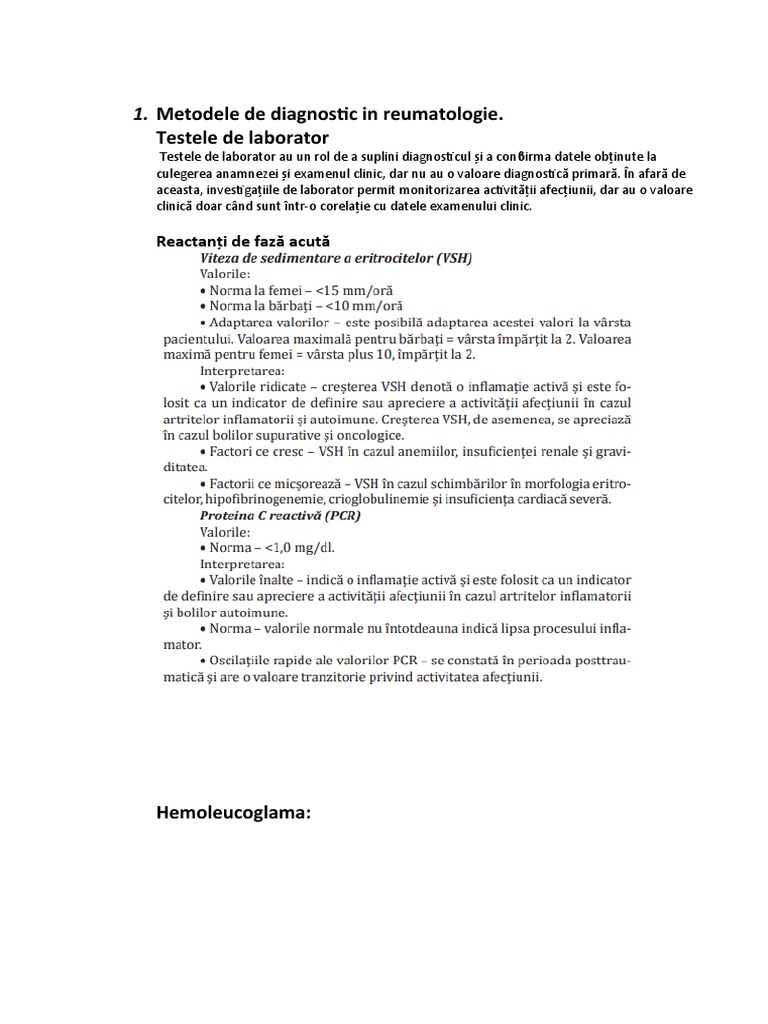 Testele de Laborator: 1. Metodele de Diagnostic in Reumatologie | PDF