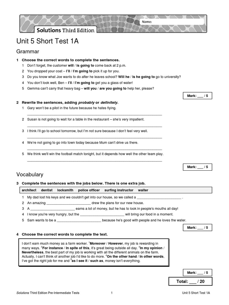 Unit 5 Short Test 1A Solutions | PDF