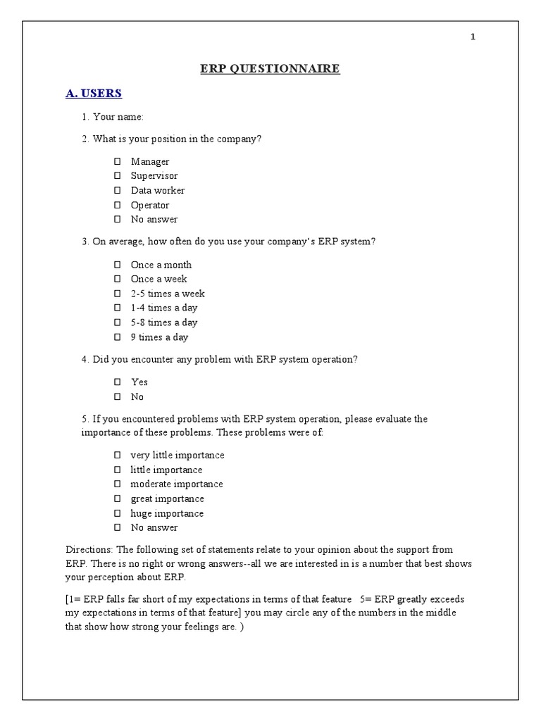 Erp Questionnaire PDF Enterprise Resource Planning Cognitive Science