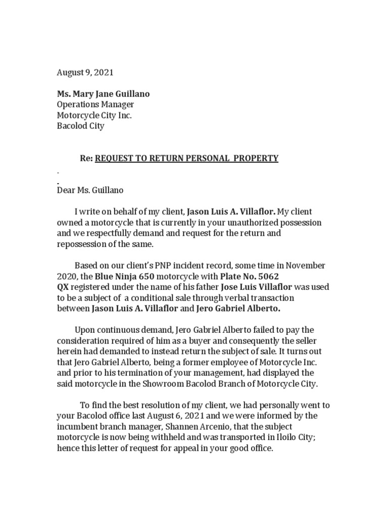 Demand for Motorcycle Return | PDF | Civil Law (Common Law) | Government
