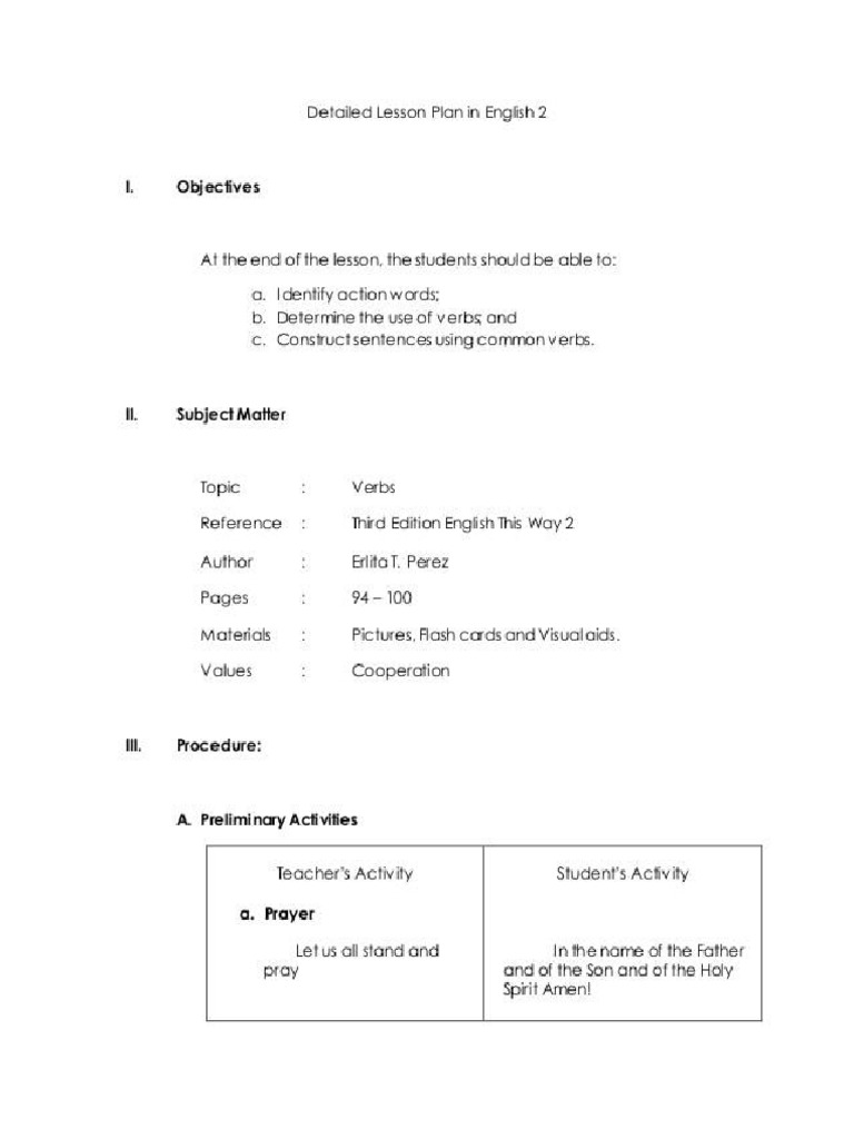 Detailed Lesson Plan in English 2 - (VERBS) | PDF