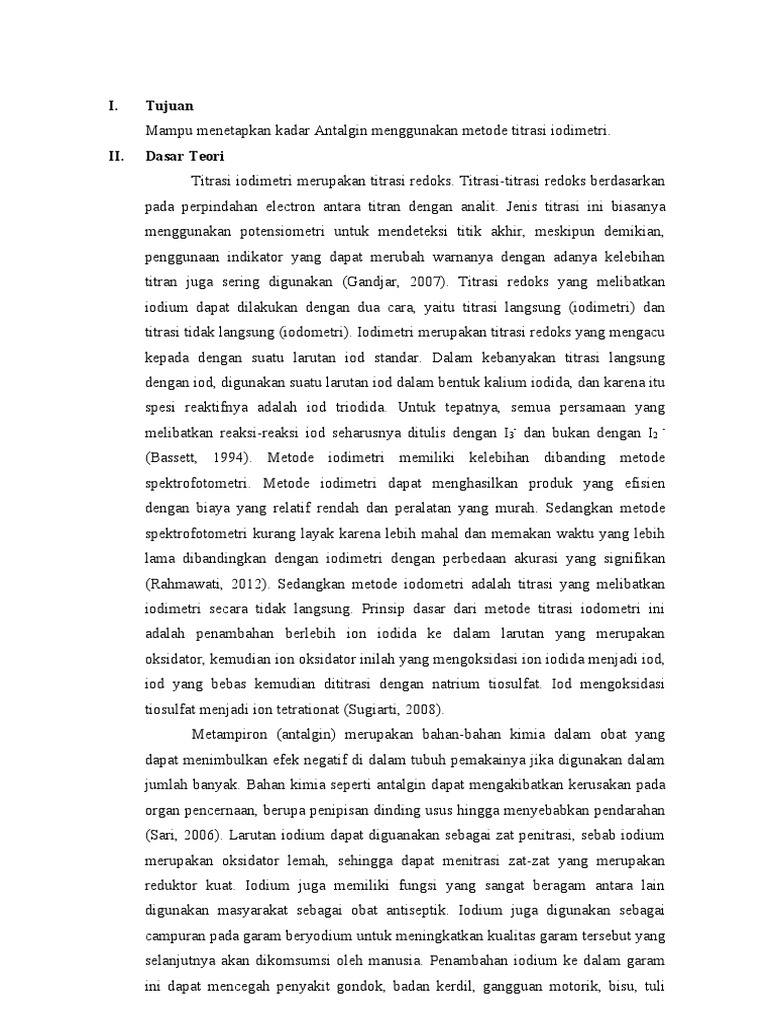 Titrasi Iodimetri untuk Kadar Antalgin | PDF