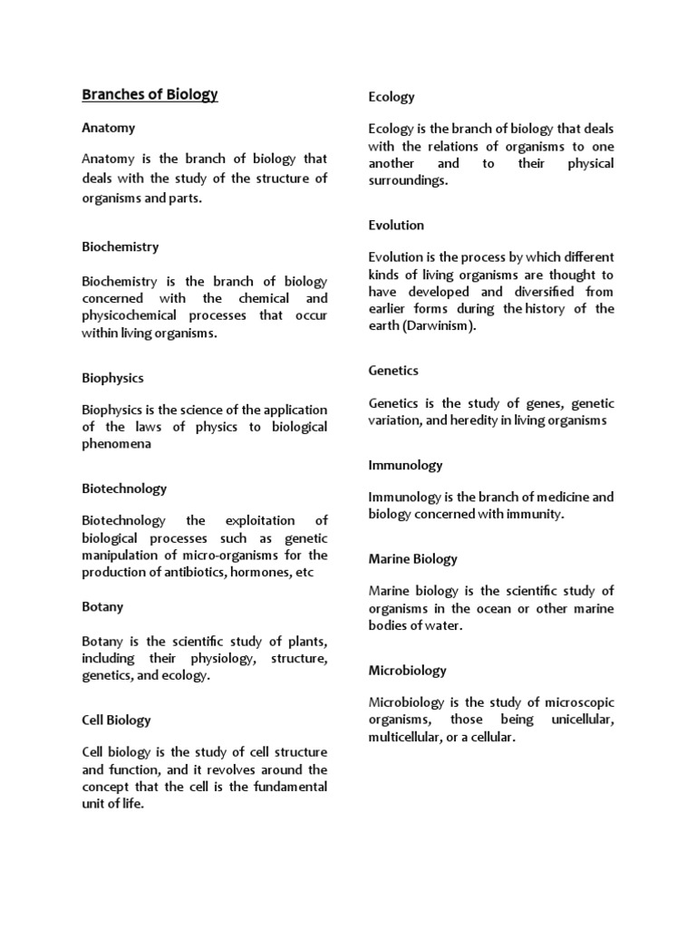 Branches of Biology PDF Biology Organisms