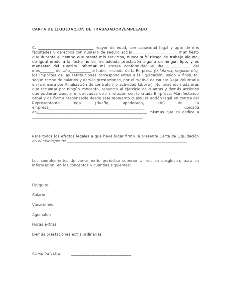 CARTA DE LIQUIDACION DE TRABAJADOR | Salario | Economias | Prueba
