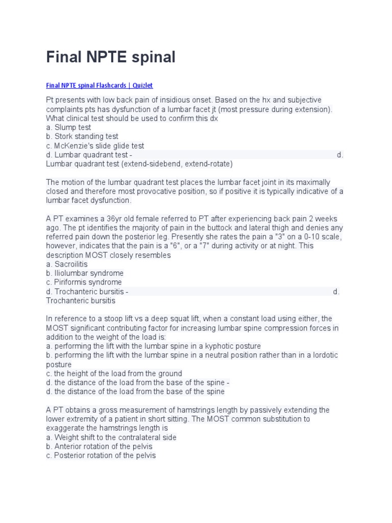 Final NPTE Spinal | PDF | Vertebra | Anatomical Terms Of Motion