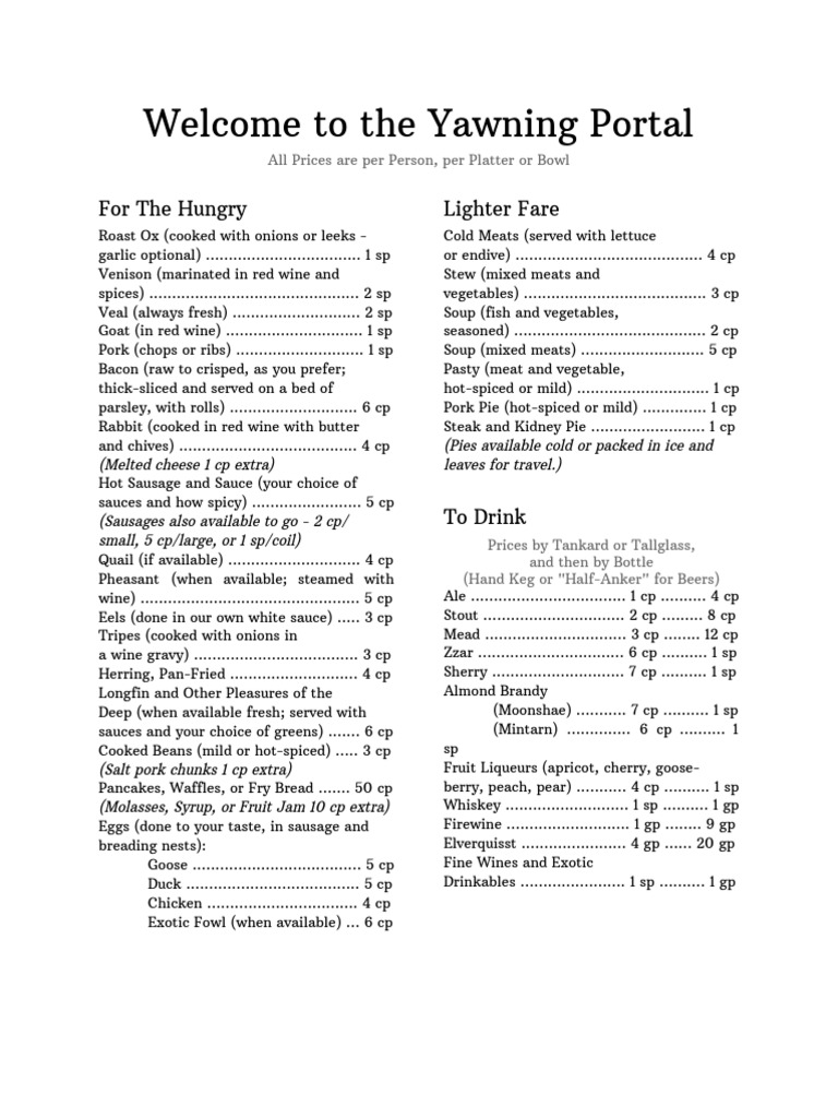 Yawning Portal Menu | PDF | Sausage | Regional &amp; Ethnic Food