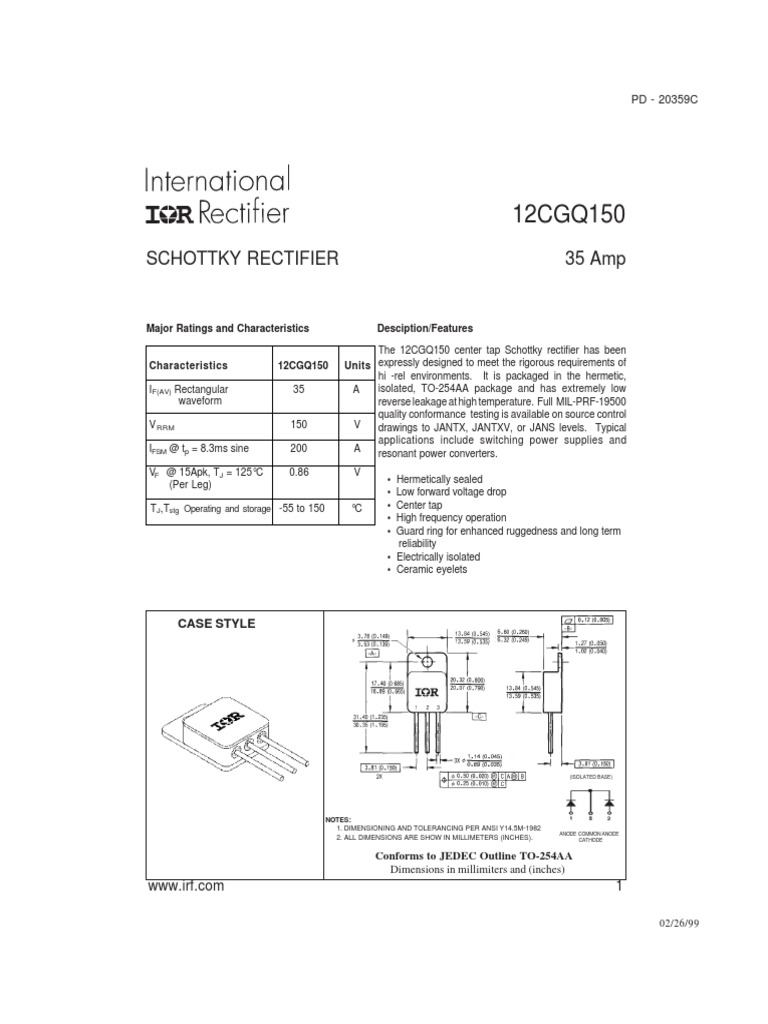 Schottky Rectifier 35 Amp Major Ratings and Characteristics Desciption