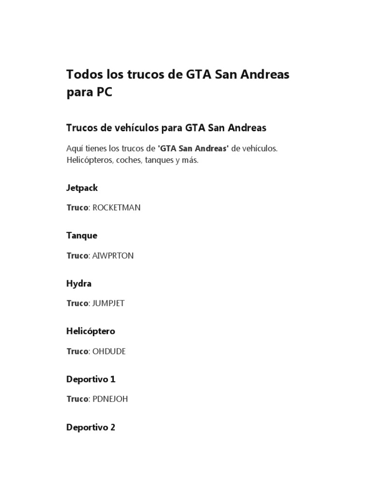 Trucos para GTA San Andreas PC 