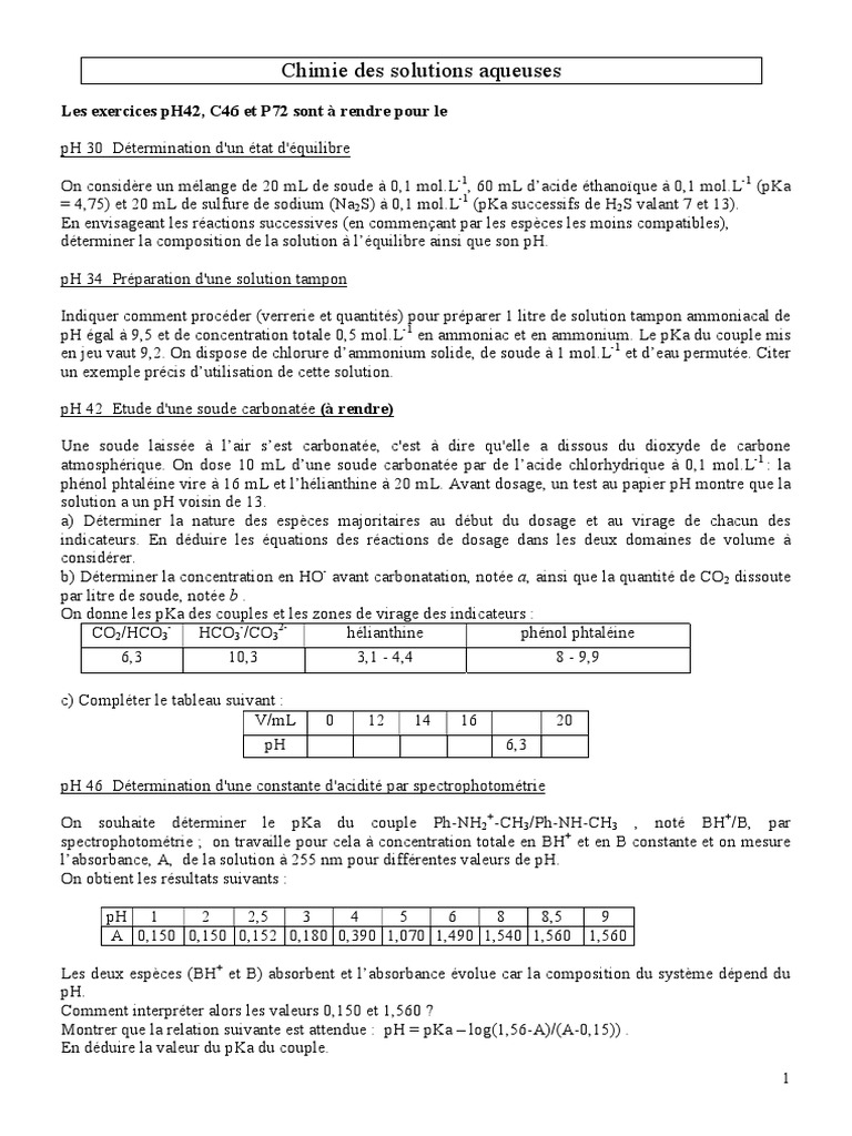 Exercices de chimie des solutions aqueuses | PDF | Ph | Acide