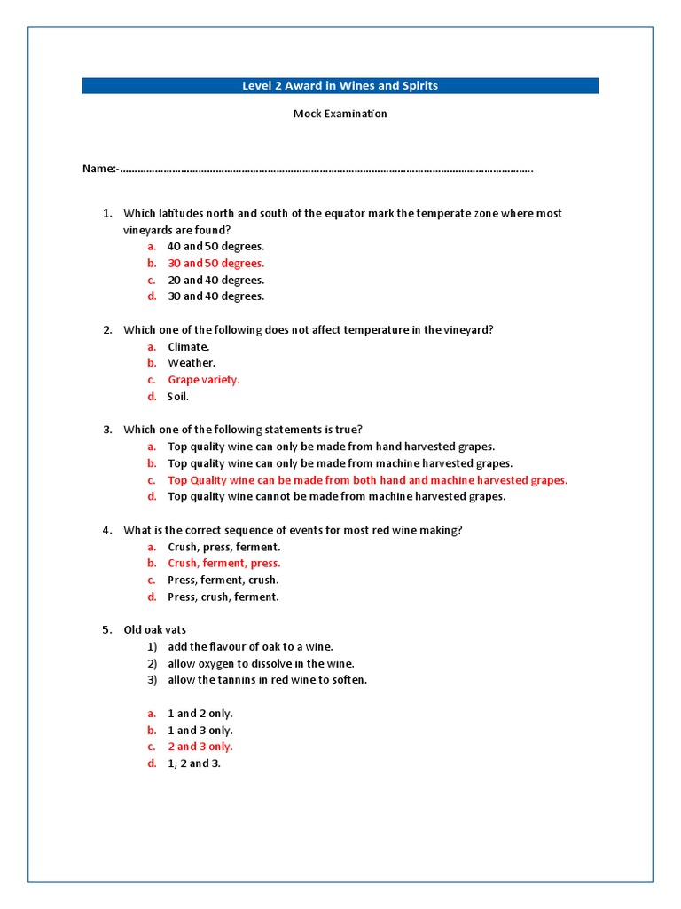 WSET Level 2 Exam Questions, PDF, Phenolic Content In Wine