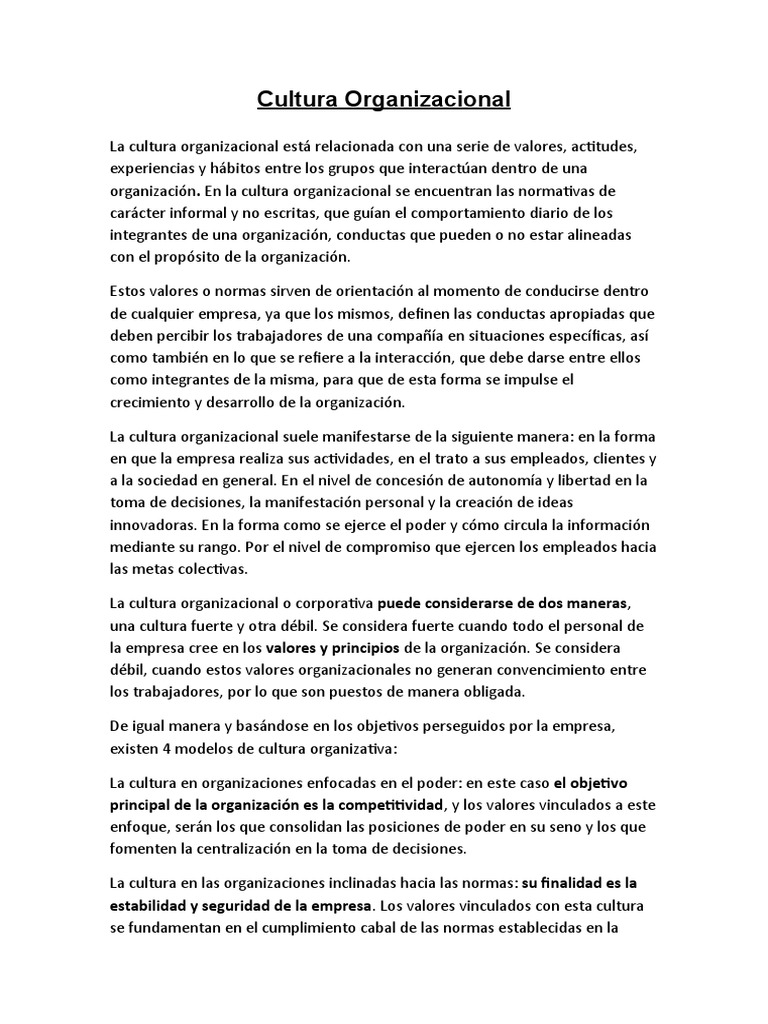 Importancia y Características de la Cultura Organizacional | PDF ...