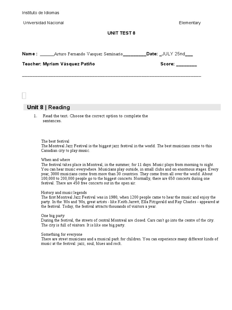 Unit Test 8 Elementary | PDF