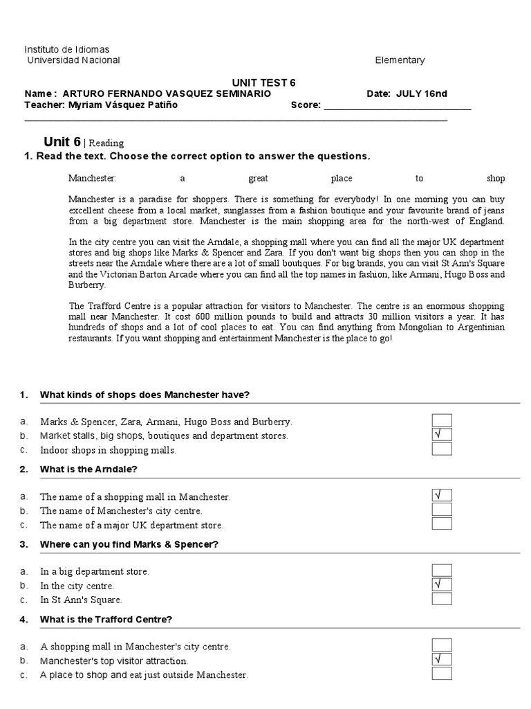 Unit Test 6 Elementary (SOLVE) | PDF | Clothing | Shopping Mall