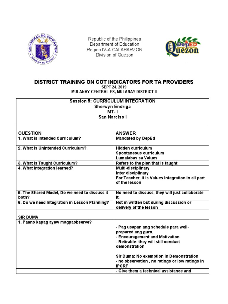 District Training On Cot Indicators For Ta Providers PDF Teachers