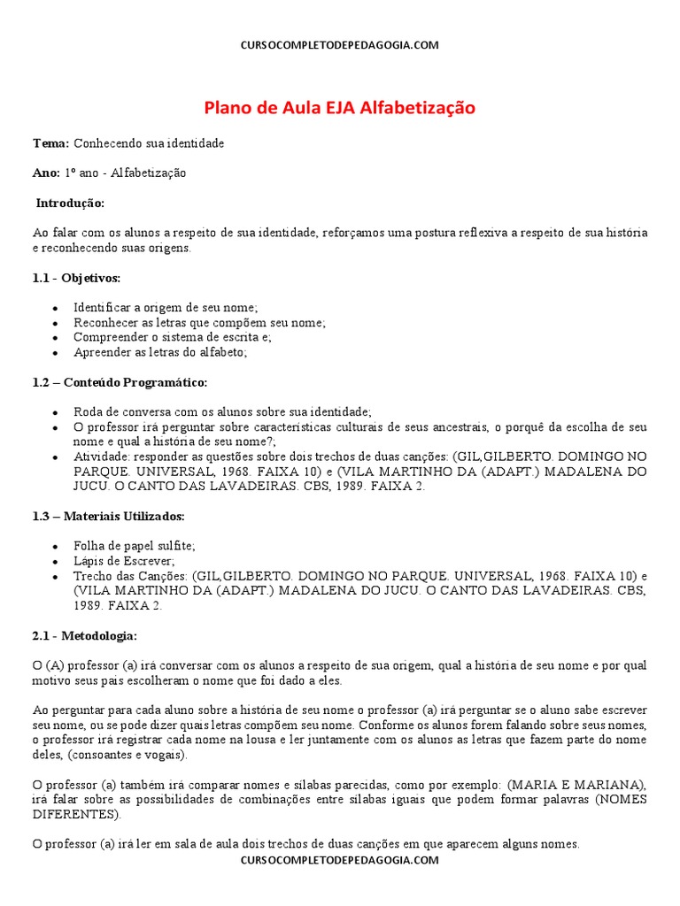 Plano de Aula EJA Alfabetizacao | PDF | Alfabetização