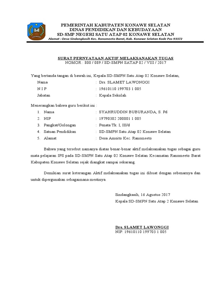 Surat Pernyataan Aktif Guru IPS Konawe Selatan | PDF