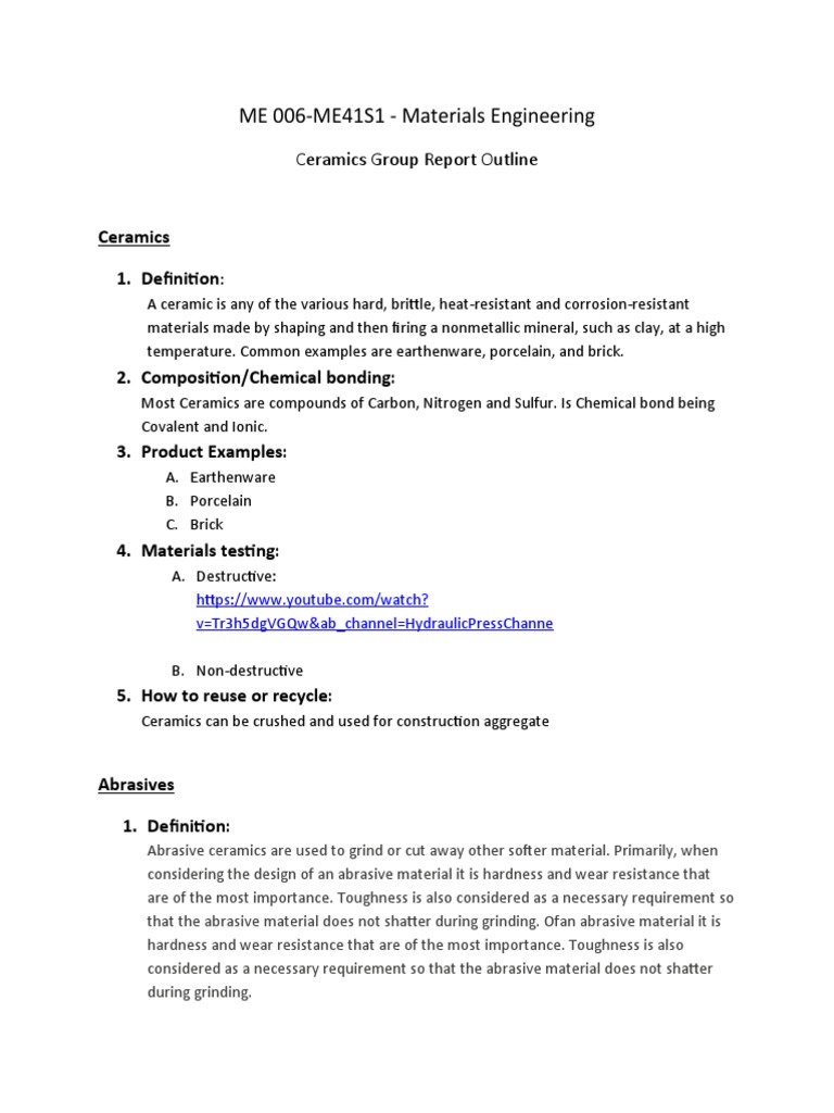 ME 006ME41S1 Materials Engineering Ceramics 1. Definition PDF