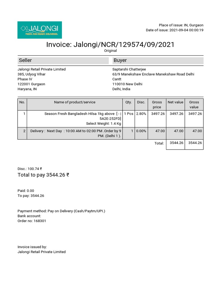 Invoice for Hilsa Fish Purchase | PDF