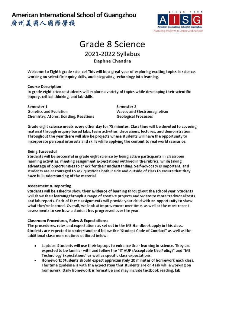 Grade 8 Science: 2021-2022 Syllabus | PDF | Learning | Cognition