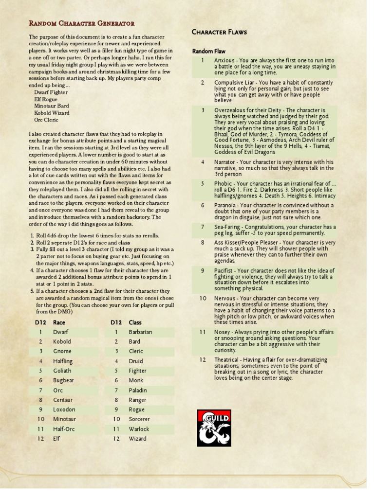 Dungeons & Dragons 5th Edition Random Character Generator PDF Realms Dungeons