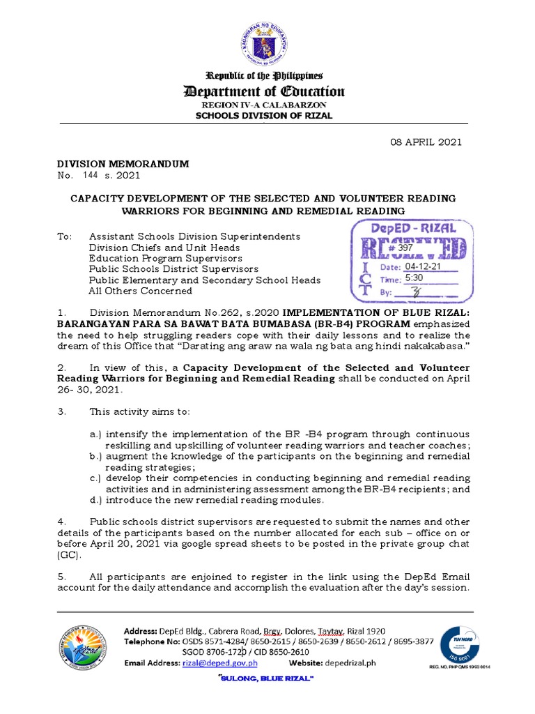 Division Memorandum No. 144 S. 2021 PDF