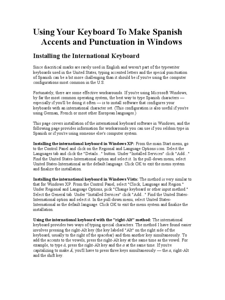Using Your Keyboard To Make Spanish Accents and Punctuation in WINDOWS