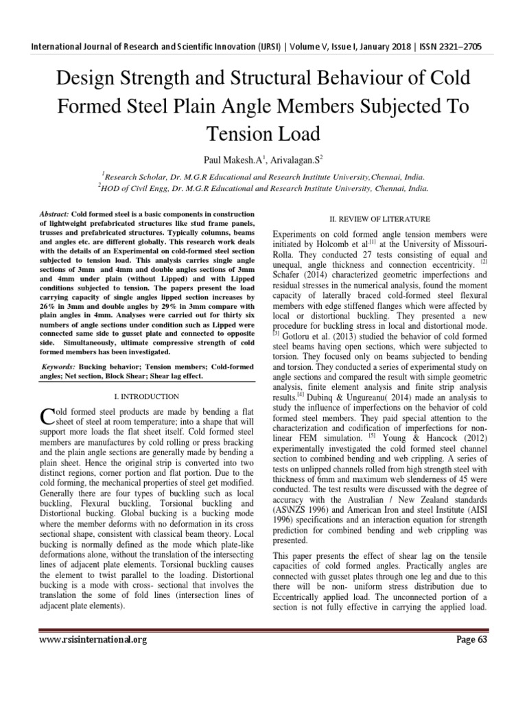 CFS Steel Angle Load Capacity For Tension Load PDF Buckling Bending
