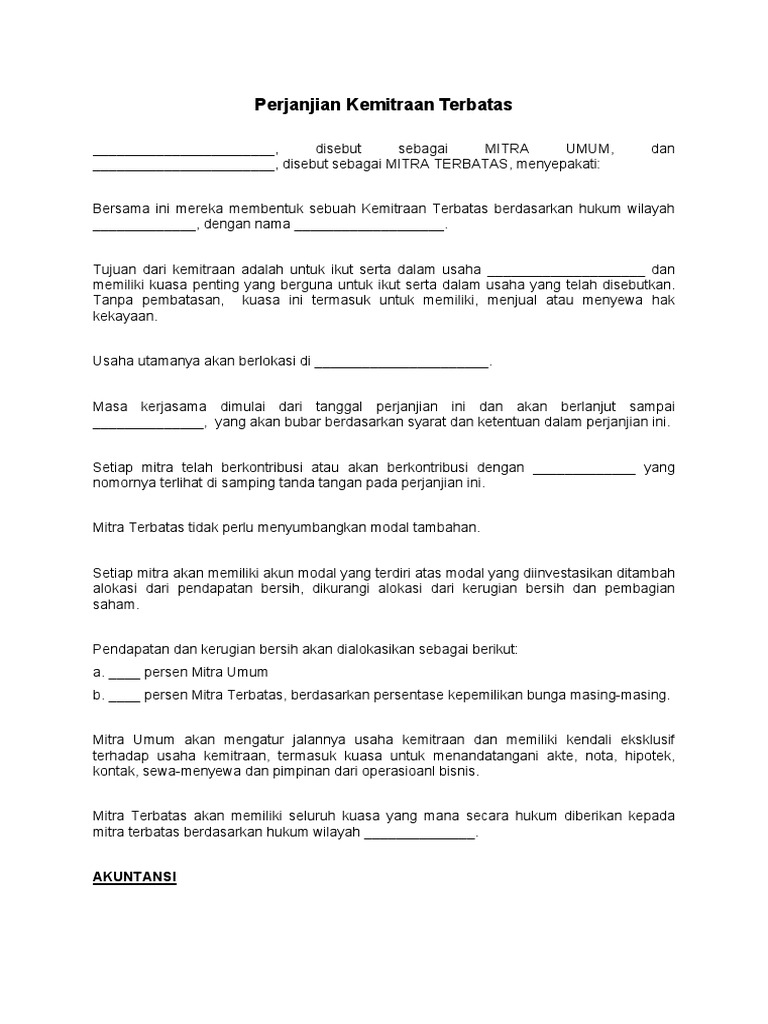 Perjanjian Kemitraan Terbatas Lengkap | PDF | Pengelolaan Keuangan & Uang