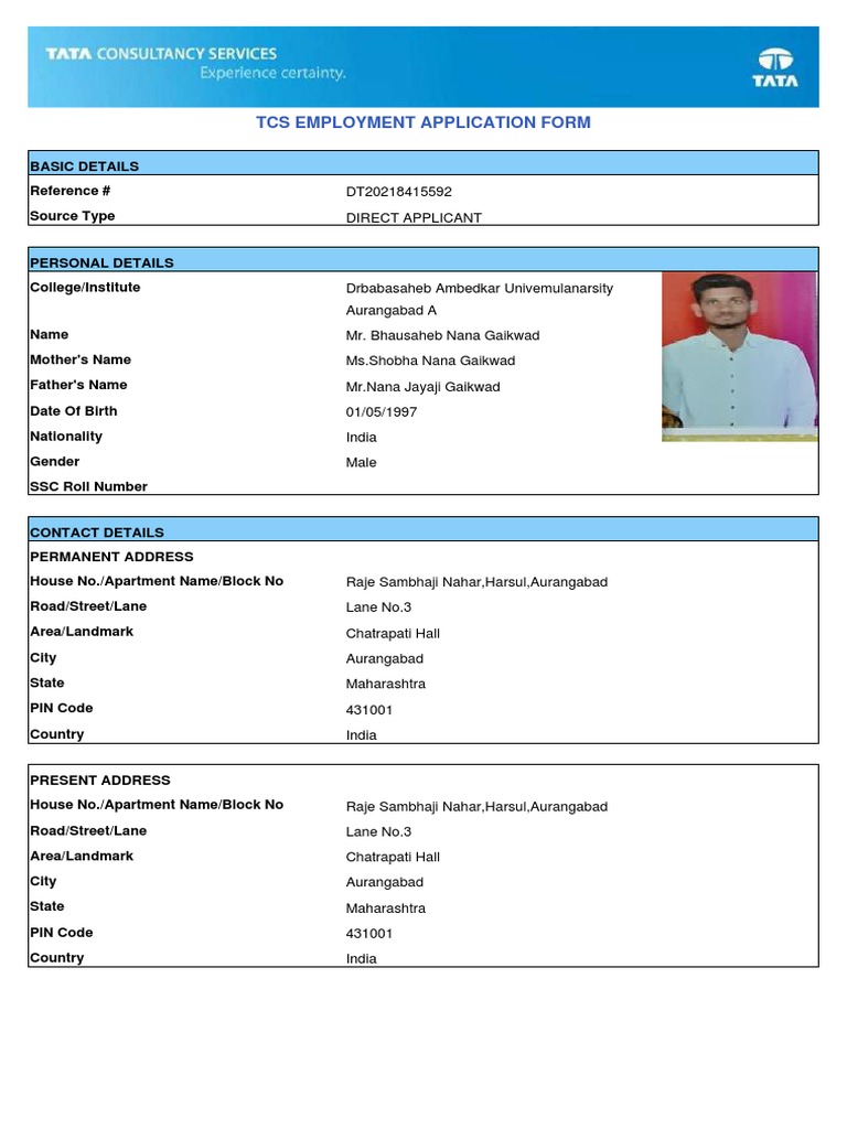 TCS Job Application Form | PDF | Background Check | Public Law