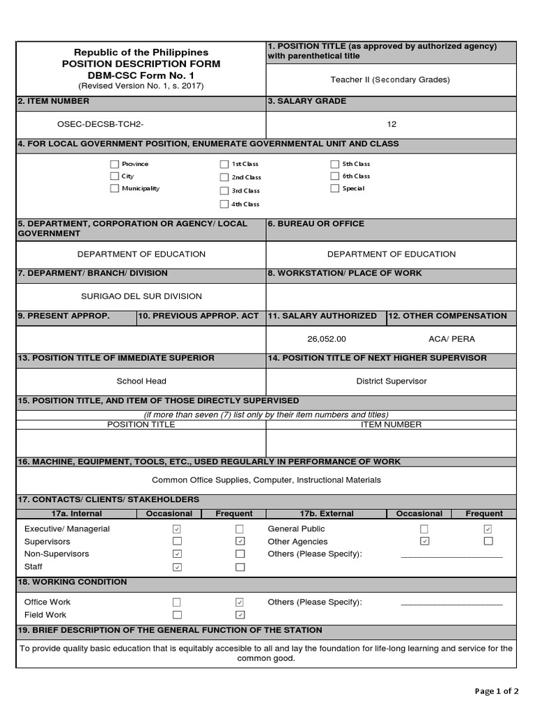 Republic of The Philippines Position Description Form DBMCSC Form No