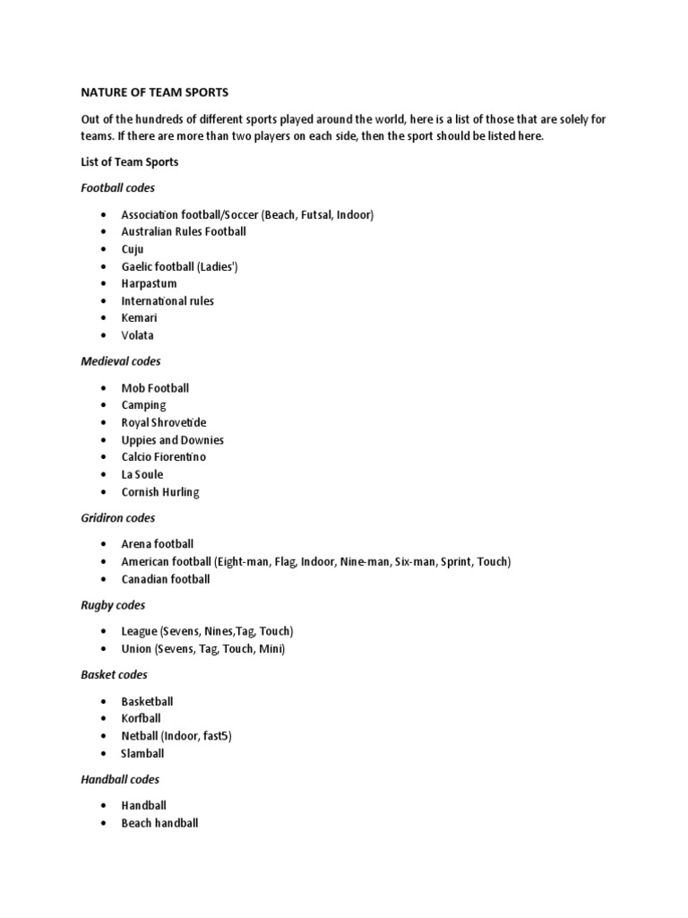 List of Team Sports PDF Sports Rules And Regulations Summer Sports