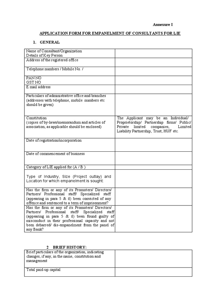 Application Form For Empanelment of Consultants For LIE Study | PDF ...
