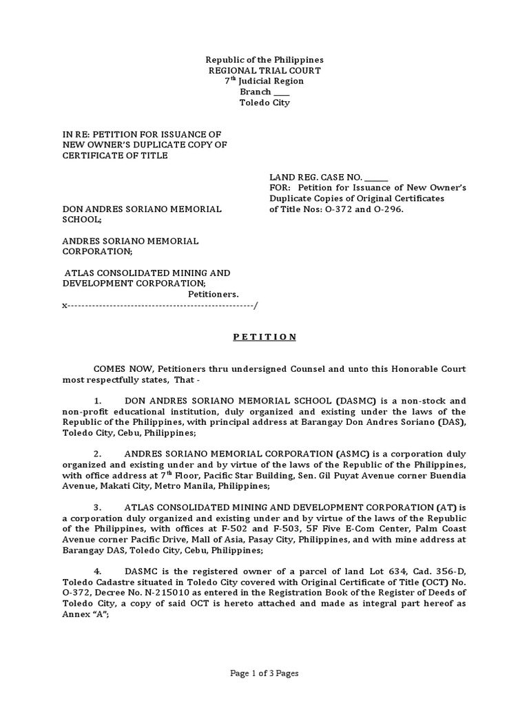 Petition For Issuance of New Owner's Duplicate Copy of Title PDF