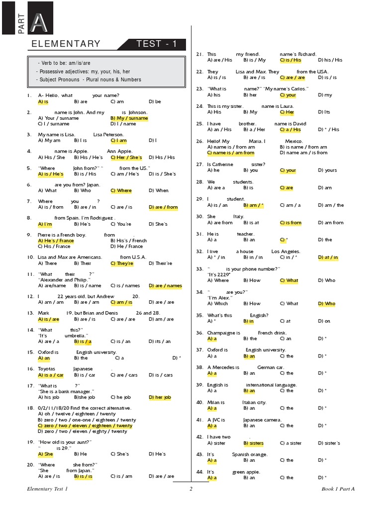 Elementary Grammar Test 1 | PDF | Grammatical Number | Language Mechanics