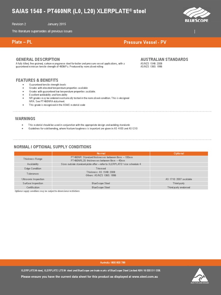 SA/AS 1548 - PT460NR (L0, L20) XLERPLATE Steel: Plate - PL Pressure ...