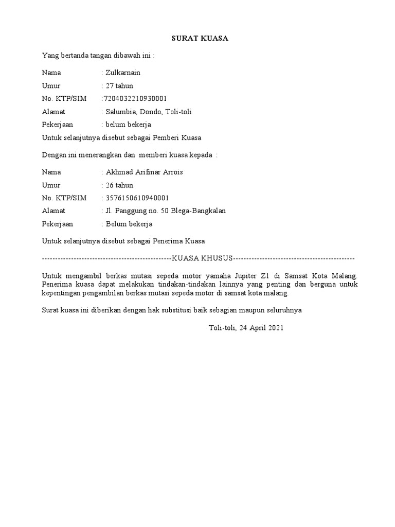 Contoh Surat Kuasa Perwakilan | PDF