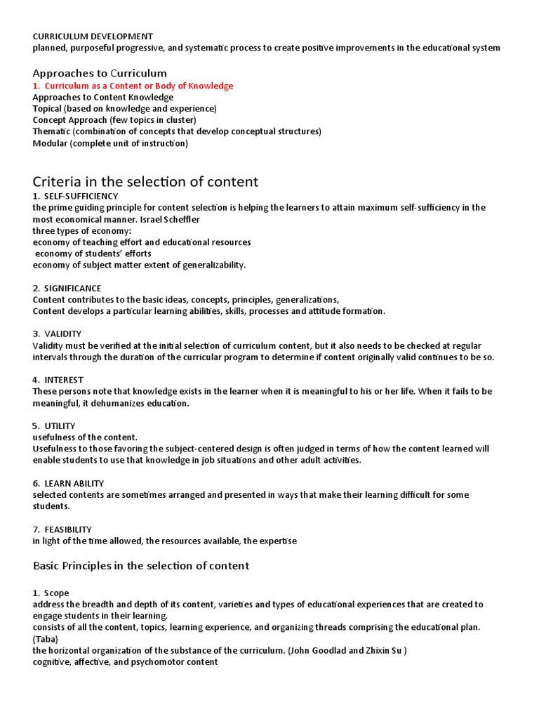 Criteria in The Selection of Content: Approaches To Curriculum | PDF ...