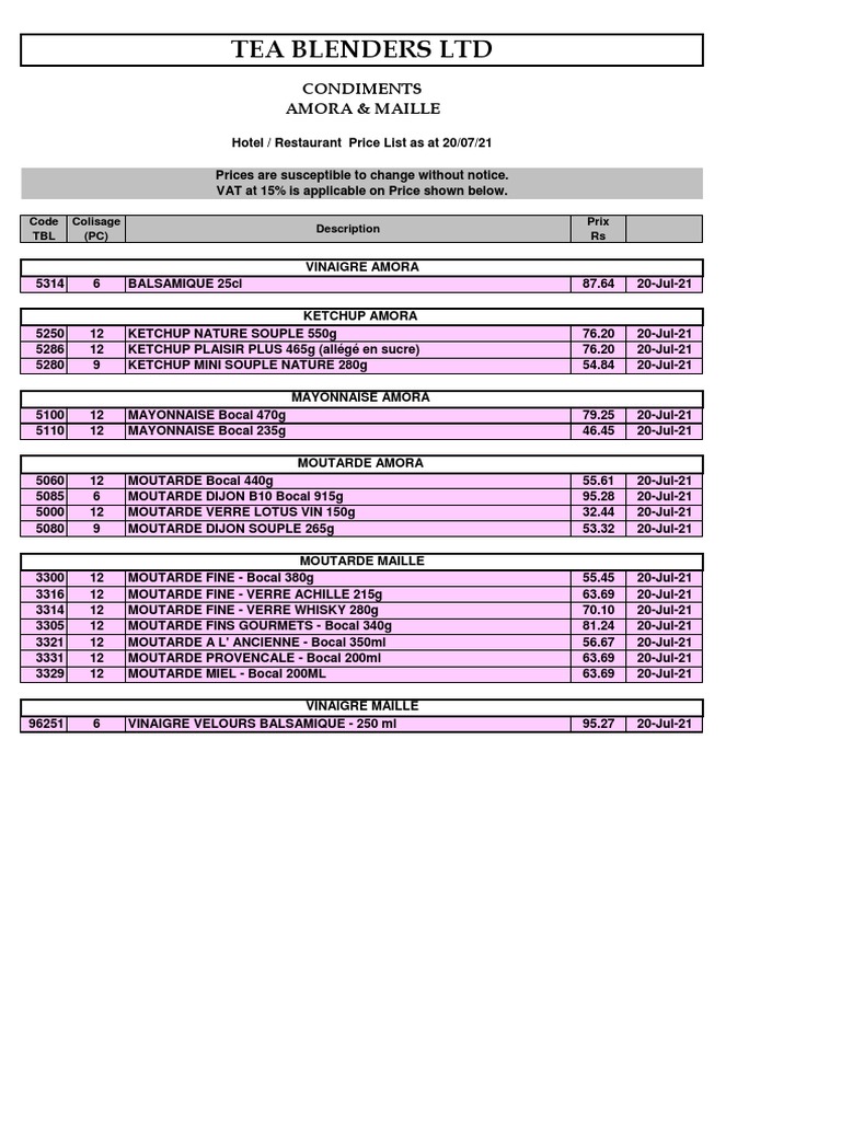 Hotel Condiments Price List | PDF | Potato Chip | Lemonade