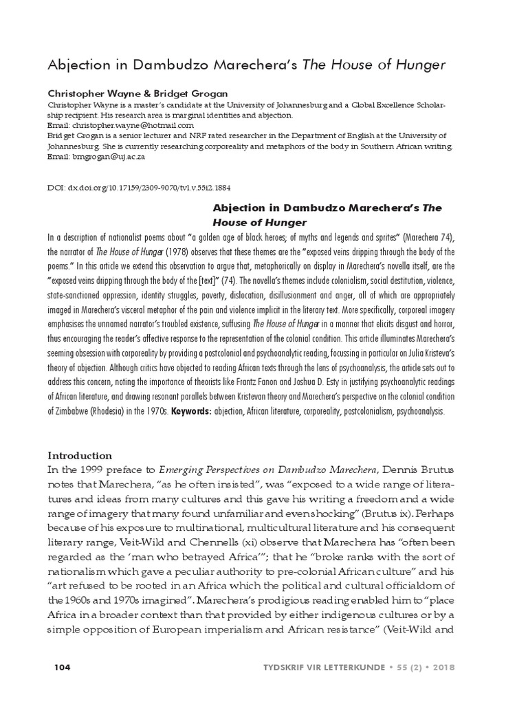 Abjection in dambudzo marechera s the house of hunger pdf