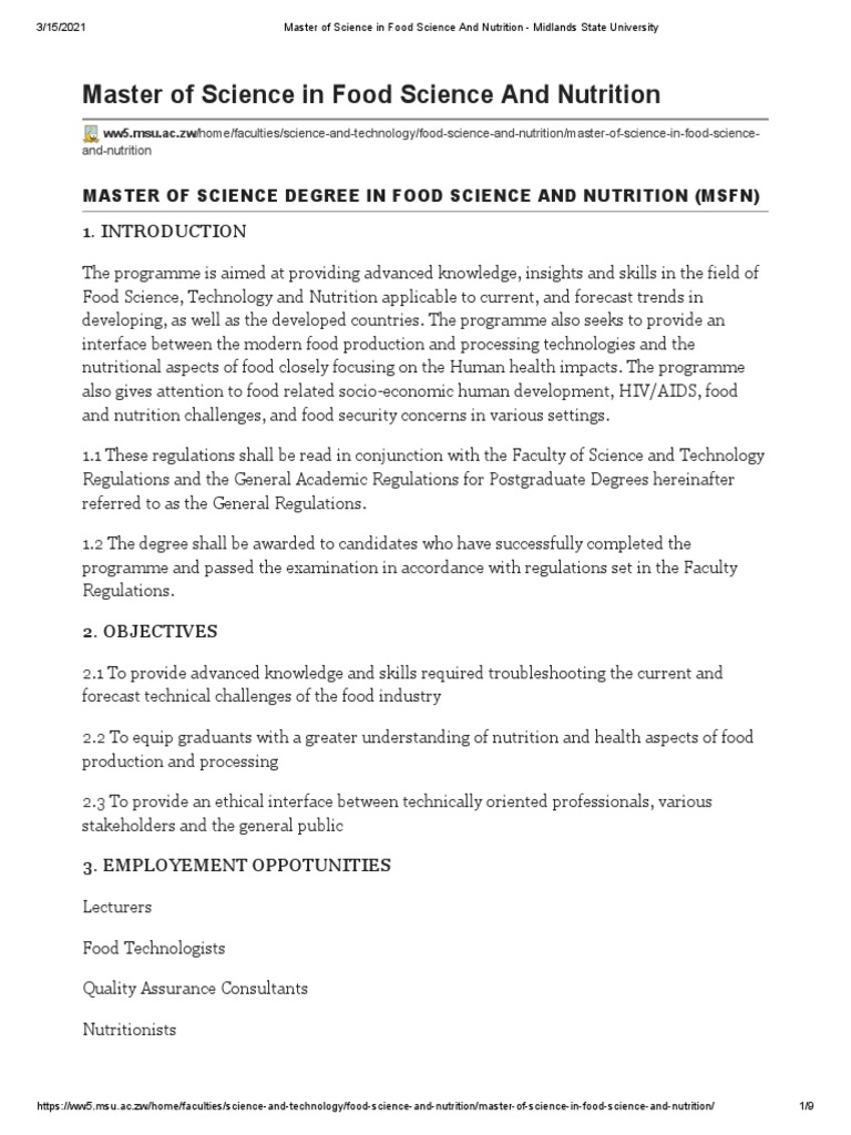 MS in Food Science and Nutrition Overview | PDF | Foods | Dietitian