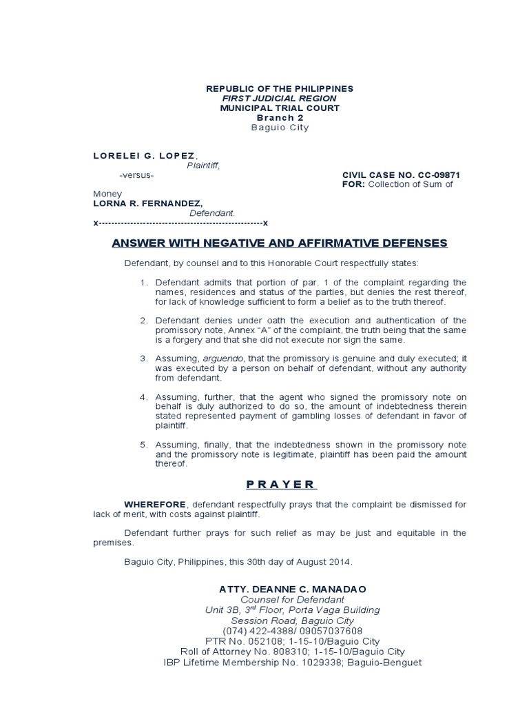 Answer With Negative And Affirmative Defenses Pdf Affidavit Lawsuit