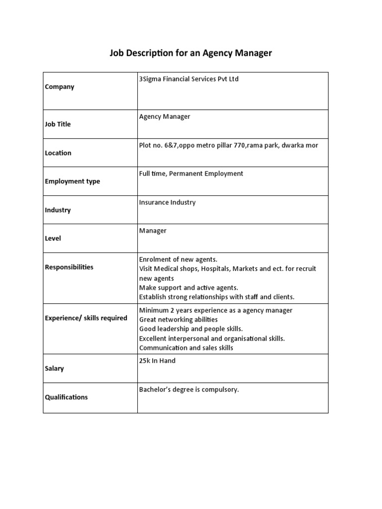 Job Description For An Agency Manage1 | PDF | Business