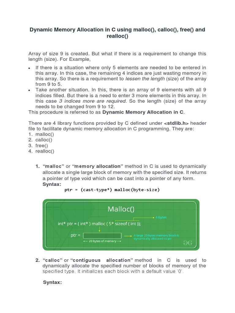 Dynamic Memory Allocation in C Using Malloc | PDF | Pointer (Computer ...