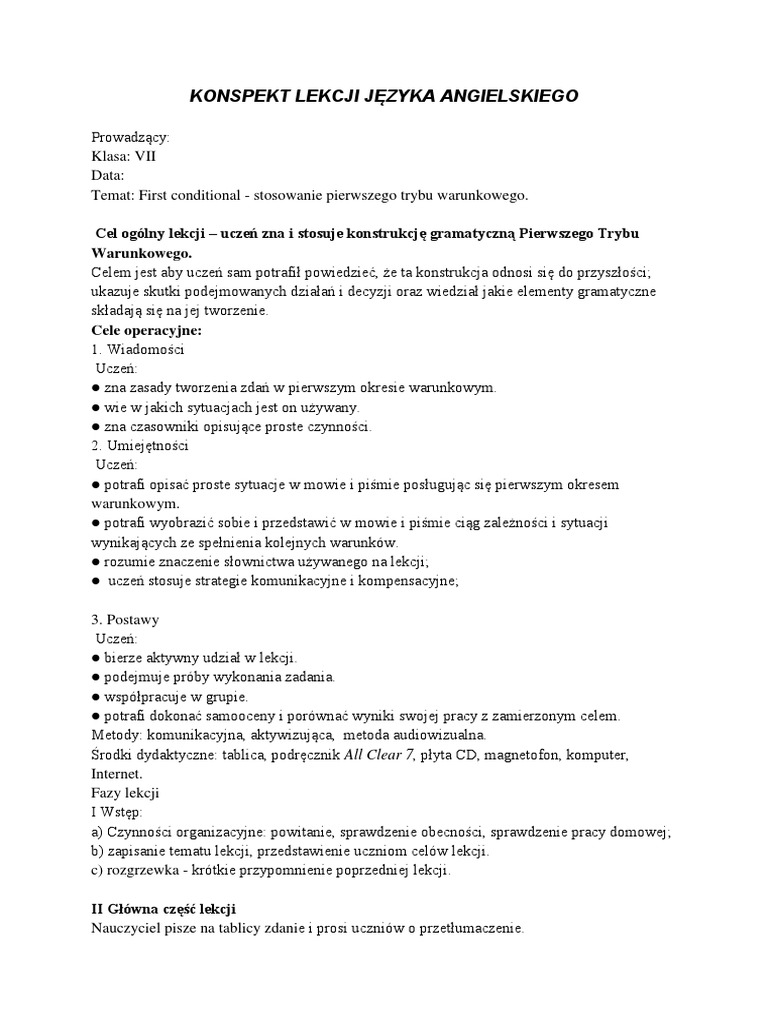 Konspekt Lekcji Z Języka Niemieckiego Konspekt Lekcji Języka Angielskiego | PDF