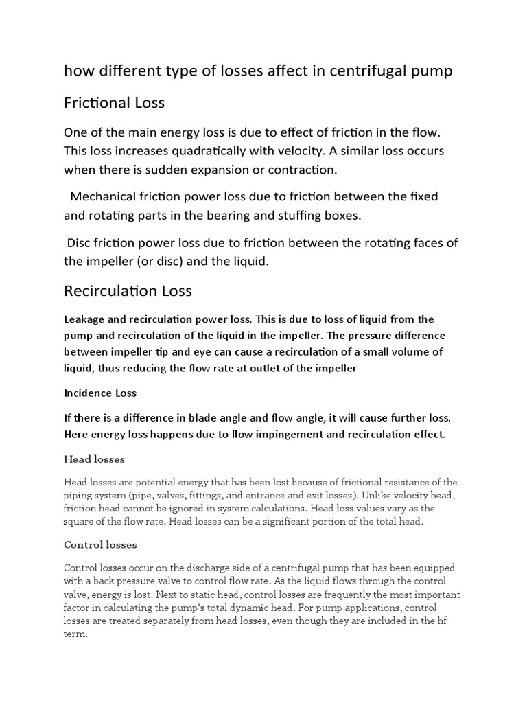 How Different Type of Losses Affect in Centrifugal Pump Frictional Loss