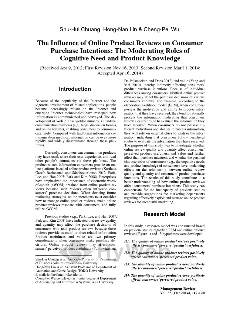 The Influence of Online Product Reviews On Consumer Purchase Intentions ...