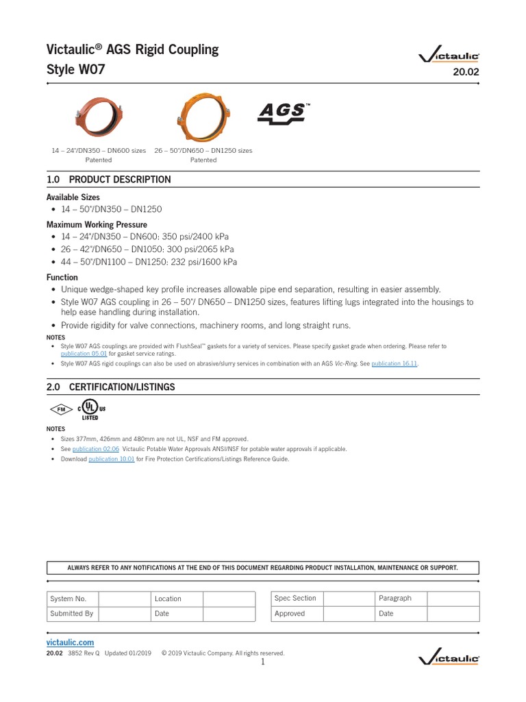 Victaulic AGS Rigid Coupling Style W07 1.0 Product Description PDF