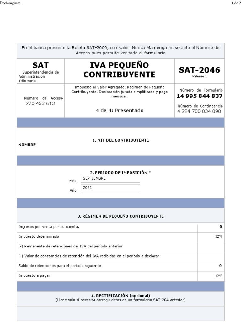 Formulario SAT-2046 para Pequeños Contribuyentes | PDF | Impuestos ...