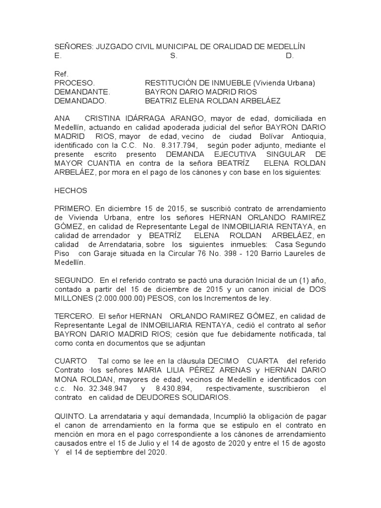 Demanda Restitucion de Bien Inmueble Arrendado | PDF | Derecho ...